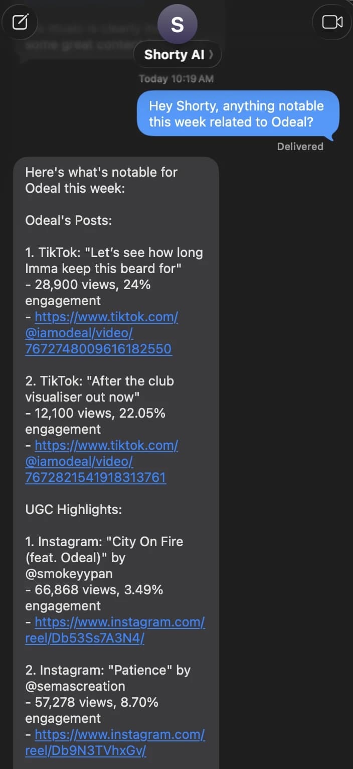 Shorty reporting weekly notable posts and UGC highlights for an artist with views, engagement rates, and links in iMessage